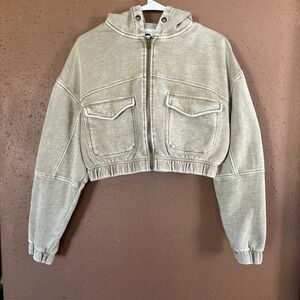 Urban Outfitters Acid Wash Cropped Zip Up Hoodie Tan Khaki Utility Jacket Small